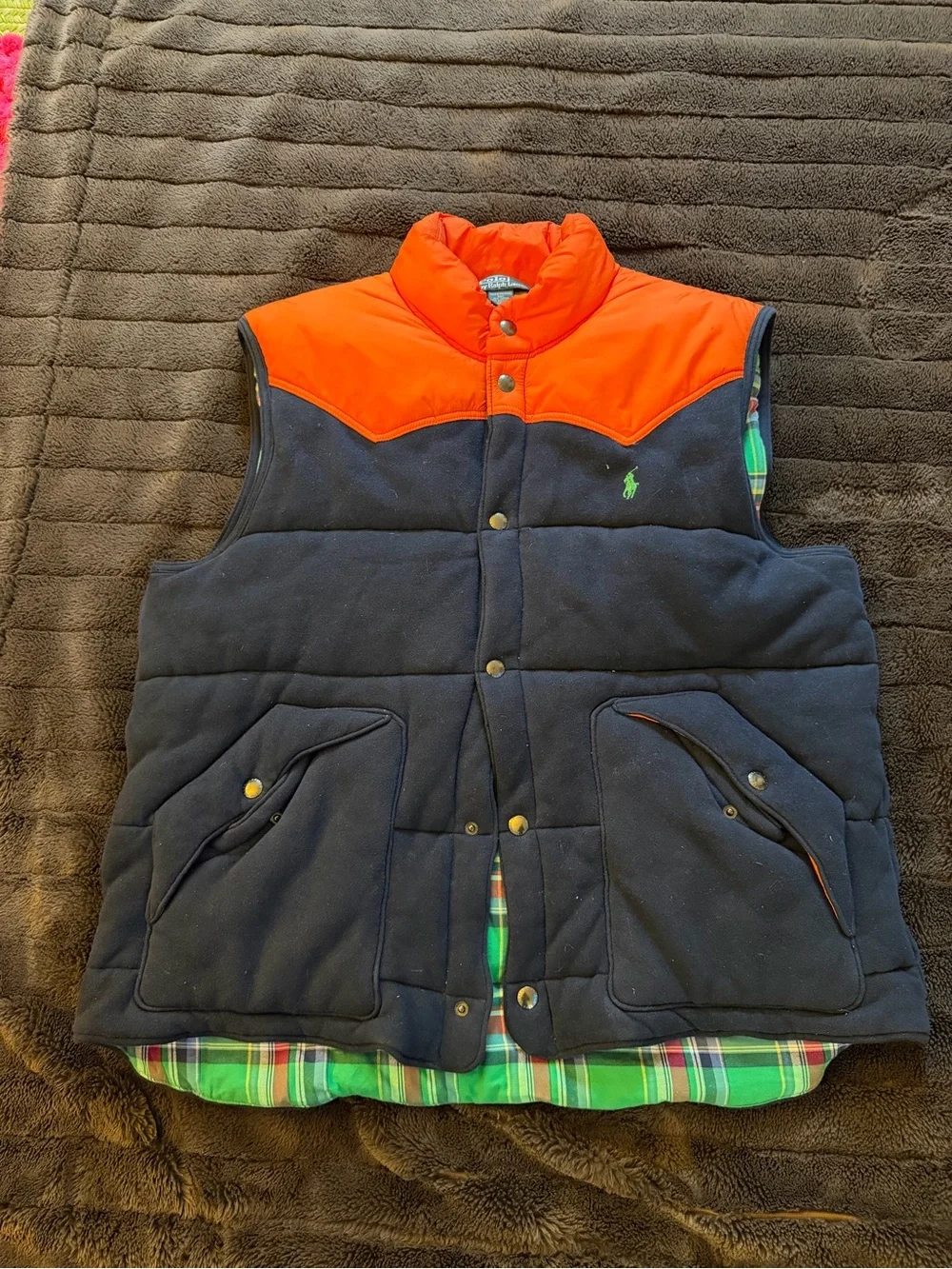 Ralph Lauren Navy Puffer Vest with Orange Yoke